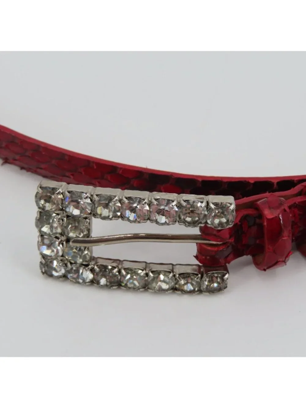 Claudio Orciani Women 80cm Red Genuine Snake Skin Rhinestone Buckle Skinny Belt